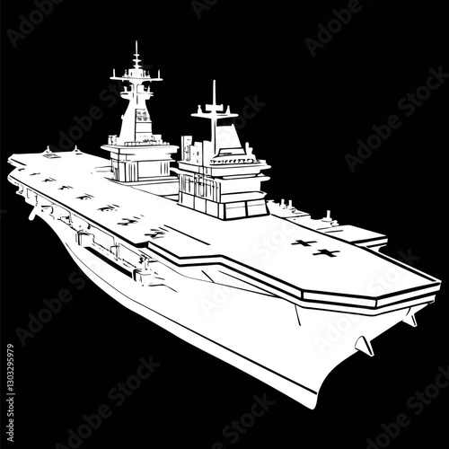 Black and white illustration of a Aircraft carrier, warship, Military vehicles.