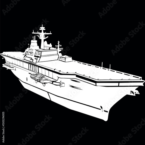 Black and white illustration of a Aircraft carrier, warship, Military vehicles.