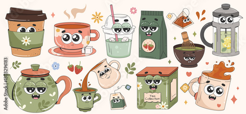 Big collection of cartoon groovy tea drink characters. Tea elements. A kettle, matcha tea, cups. Stickers of 70s 80s style.