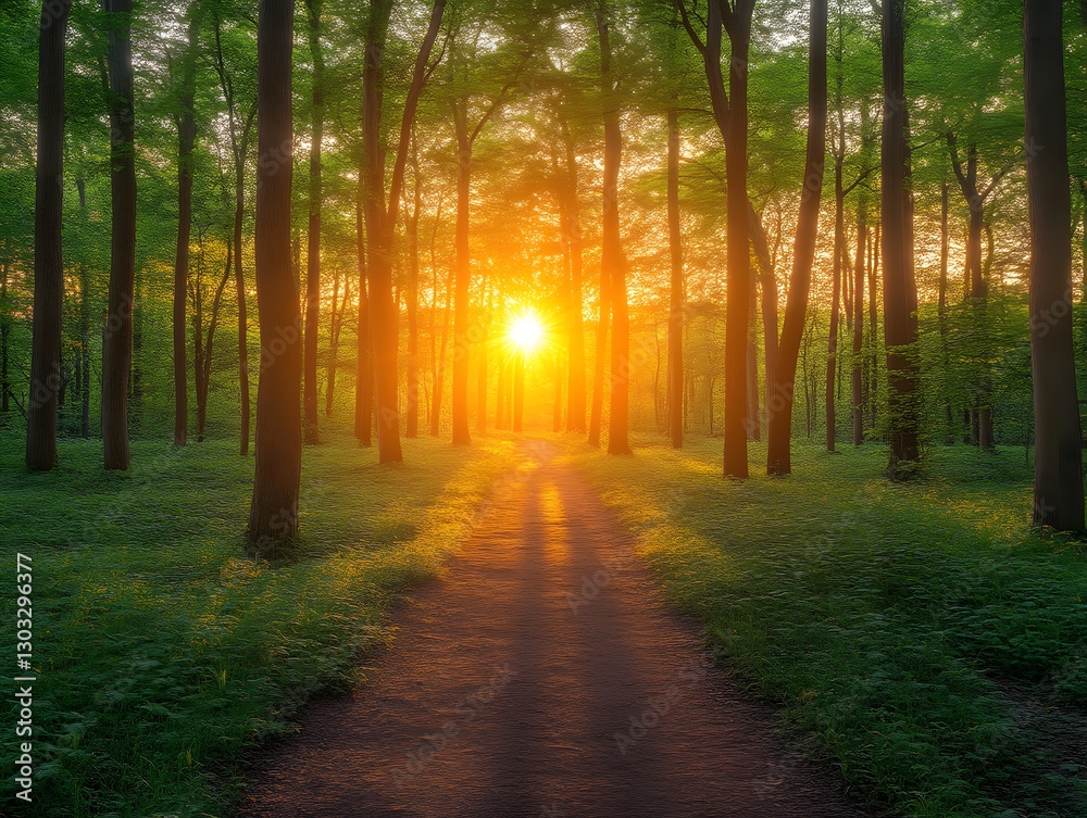 Obraz premium Golden Sunlight Path Through Lush Forest at Sunset