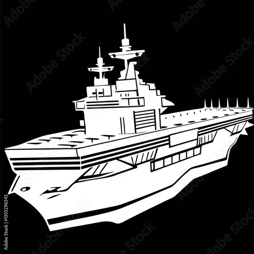 Black and white illustration of a Aircraft carrier, warship, Military vehicles.