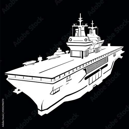 Black and white illustration of a Aircraft carrier, warship, Military vehicles.