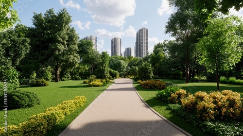 A serene park scene featuring a paved path lined with lush greenery and flowers, leading toward modern buildings in the background under a bright sky.