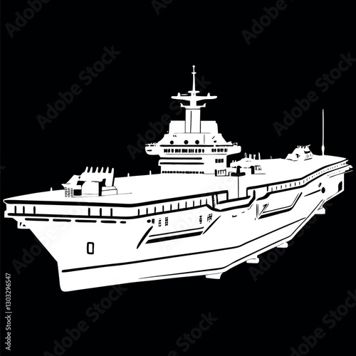 Black and white illustration of a Aircraft carrier, warship, Military vehicles.