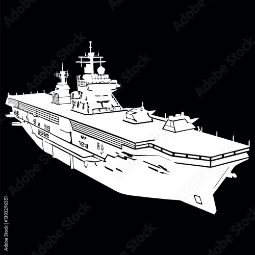 Black and white illustration of a Aircraft carrier, warship, Military vehicles.