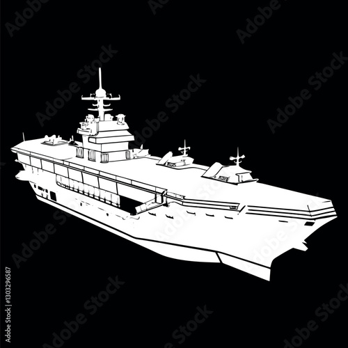 Black and white illustration of a Aircraft carrier, warship, Military vehicles.