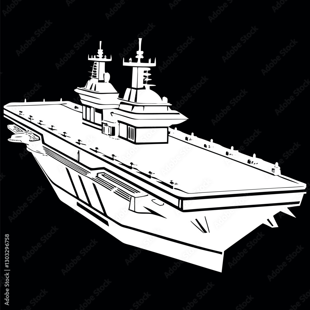 Obraz premium Black and white illustration of a Aircraft carrier, warship, Military vehicles.