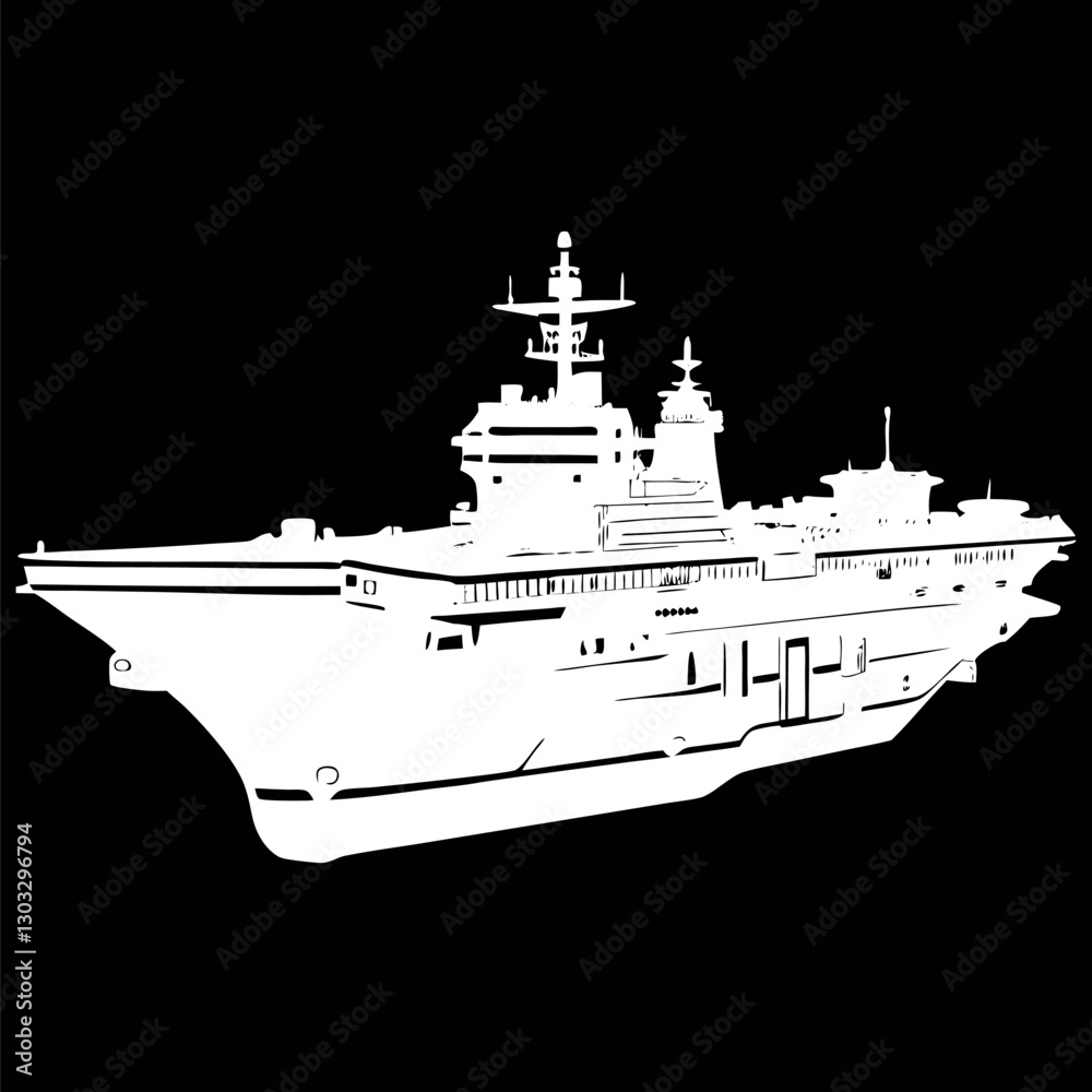 Obraz premium Black and white illustration of a Aircraft carrier, warship, Military vehicles.