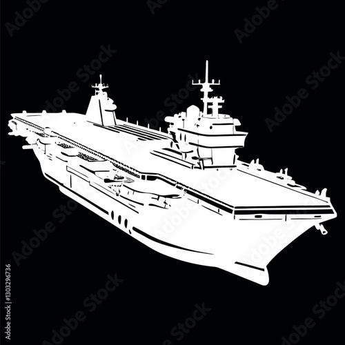 Black and white illustration of a Aircraft carrier, warship, Military vehicles.