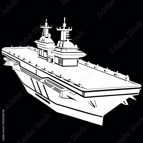 Black and white illustration of a Aircraft carrier, warship, Military vehicles.
