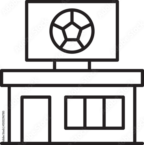 Sports store with soccer advertisement line icon