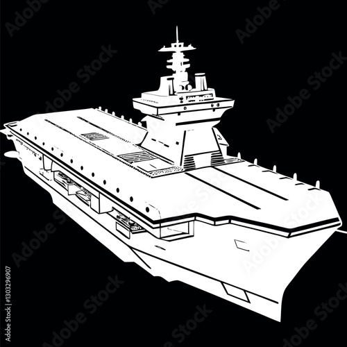 Black and white illustration of a Aircraft carrier, warship, Military vehicles.