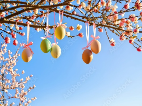 Hand-painted wooden eggs suspended from branches, creating a charming Easter display ideal for seasonal inspiration and creative designs. photo