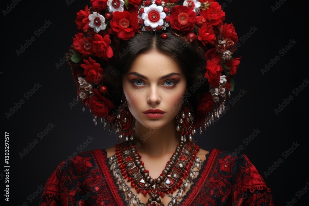 Naklejka premium Elegant woman adorned in traditional floral headdress and ornate jewelry posing against dark background