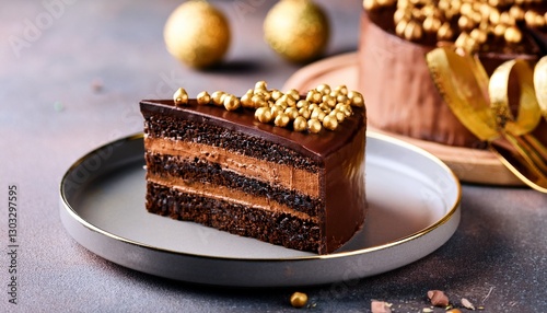 chocolate truffle cake slice with gold caramel chips on plate