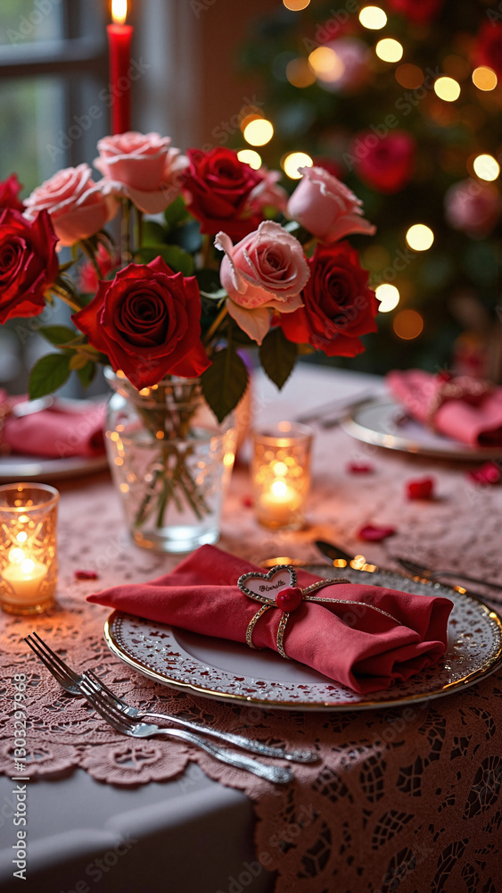 Romantic Valentine's Day Table Setting with Heart Decorations and Roses - Perfect for Restaurant Promotions, Event Planning, and Love-Themed Marketing Romantic Valentine's Day Table Setting with Heart Decorations and Roses - Perfect for Restaurant Promotions, Event Planning, and Love-Themed Marketing