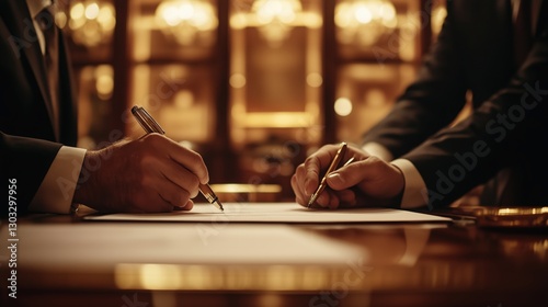 A successful contract signing ceremony between business leaders, close-up shot, in a luxurious conference room, applying selective focus, with warm ambient lighting photo