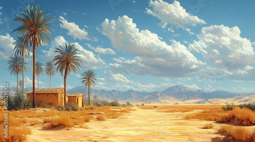 parable of the prodigal son desert landscape with a hut and palm trees
