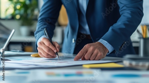 Close-up of a school administrator preparing a presentation on policy development, macro shot, in a well-organized office, employing clean composition