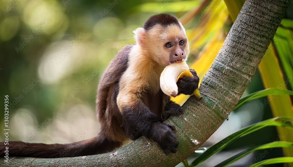 Fototapeta premium capuchin monkey in tree eating banana