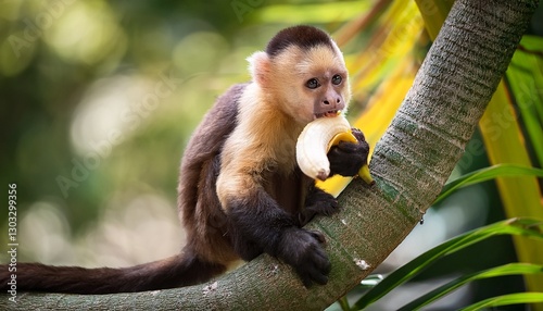 capuchin monkey in tree eating banana