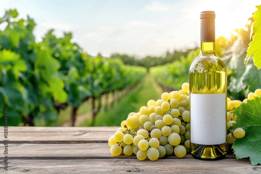 Fototapeta premium Bottle of wine with white grapes on wooden table