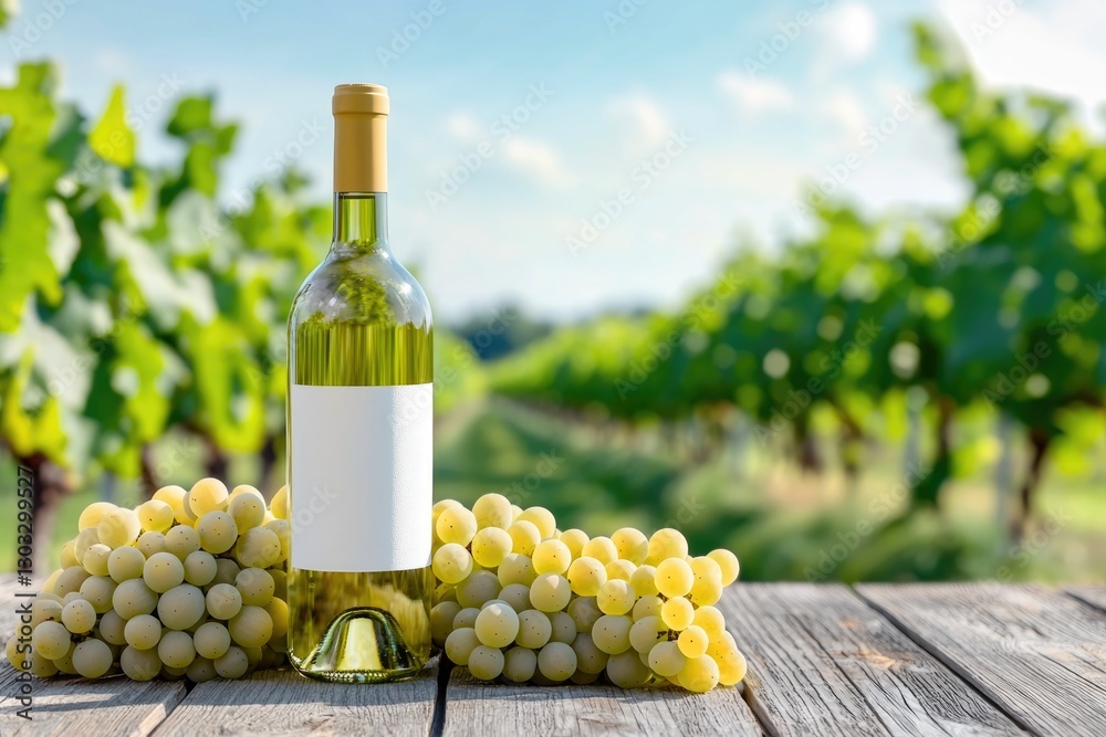 Fototapeta premium Vineyard scene with wine bottle and fresh grapes