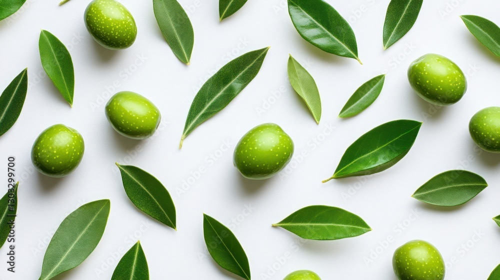 Flat lay of green olives and leaves on white background. Flat lay of green olives and leaves on white background.