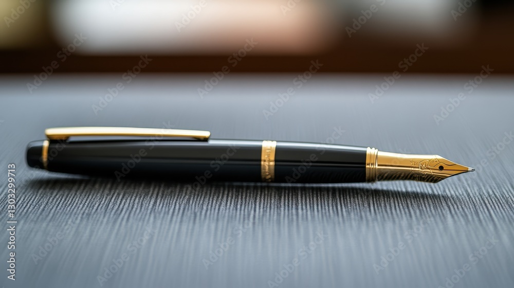 Elegant black pen resting on a textured grey table, capturing the essence of creativity and productivity in a serene workspace environment Elegant black pen resting on a textured grey table, capturing the essence of creativity and productivity in a serene workspace environment
