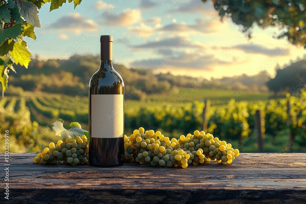Fototapeta premium Wooden table with wine and fresh grapes
