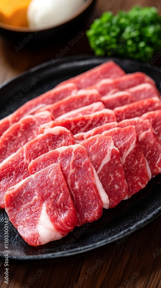 Freshly Sliced Premium Beef on Platter Garnished with Parsley for Culinary Use and Cooking Preparations Freshly Sliced Premium Beef on Platter Garnished with Parsley for Culinary Use and Cooking Preparations