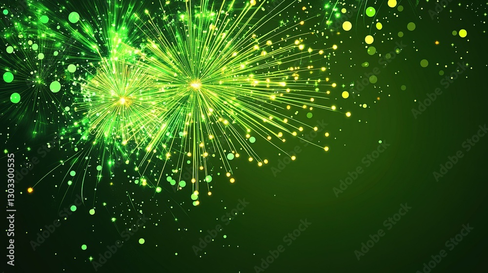 Fototapeta premium Abstract green background with glowing dots and lines in the form of fireworks, copy space. The design is minimalist perfect for digital applications, banner, card, advertising. St. Patrick's Day
