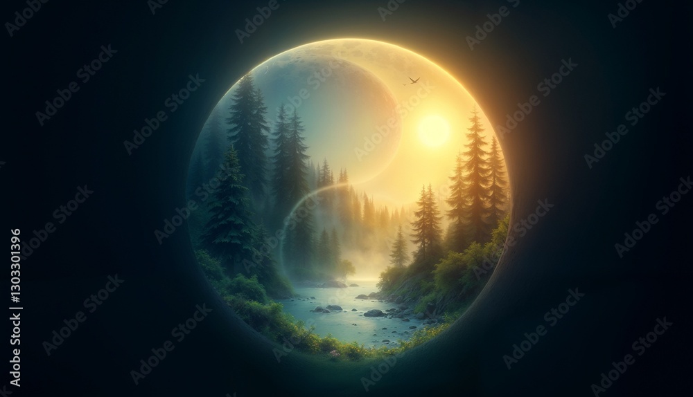 Obraz premium Mystical Yin-Yang Forest Landscape with River and Solitary Bird
