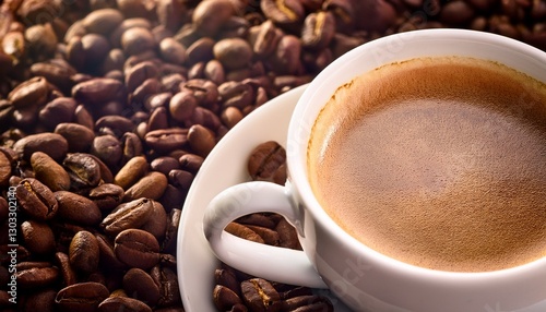 coffee cup close up over dark roasted coffee beans