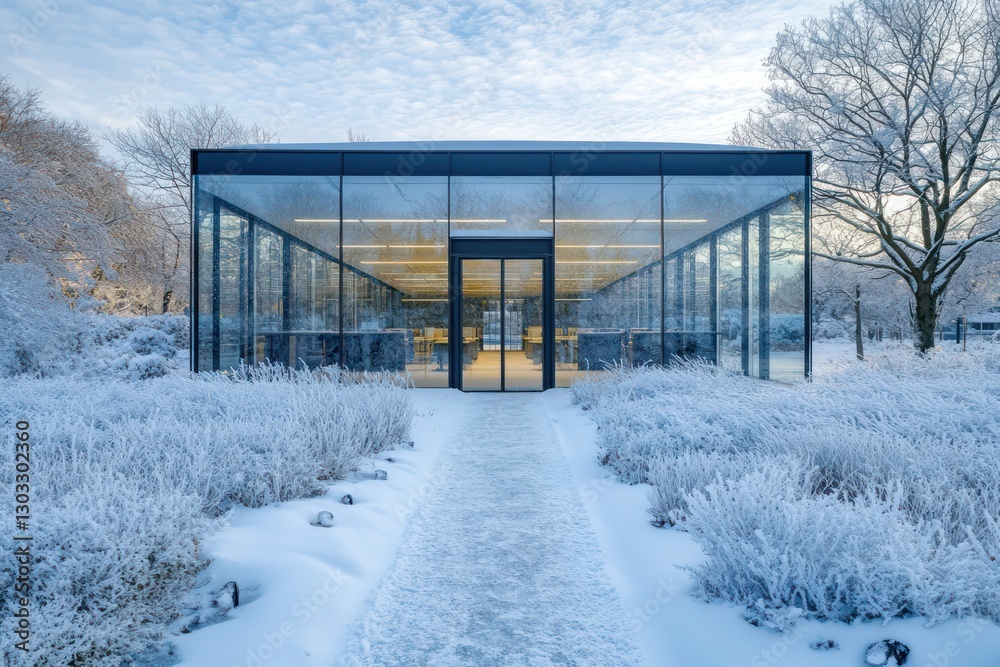 A contemporary glass-walled office surrounded by snow and frosty pathways leading to its main entrance