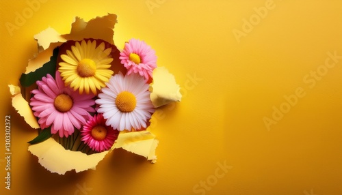 colorful blooming daisies on torn yellow paper background