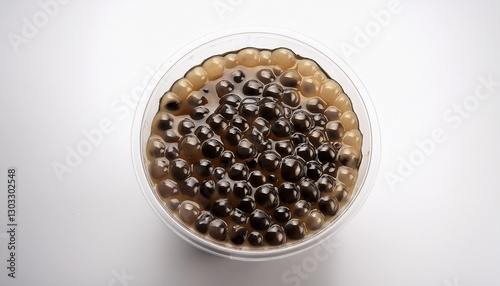 a bowl filled with popping boba on a white background