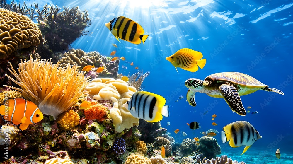 Fototapeta premium Colorful Coral Reef Scene with Diverse Fish and Sea Turtle Under Bright Sunlight in Clear Ocean Water