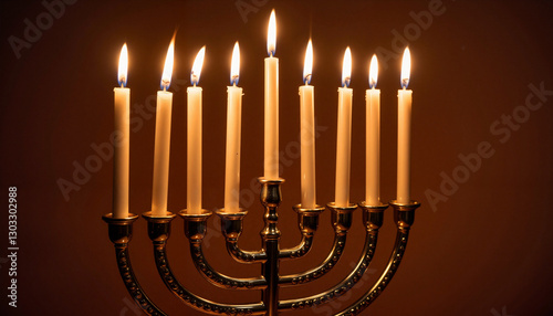 Illuminated Hanukkah menorah with lit candles in dark setting, celebration