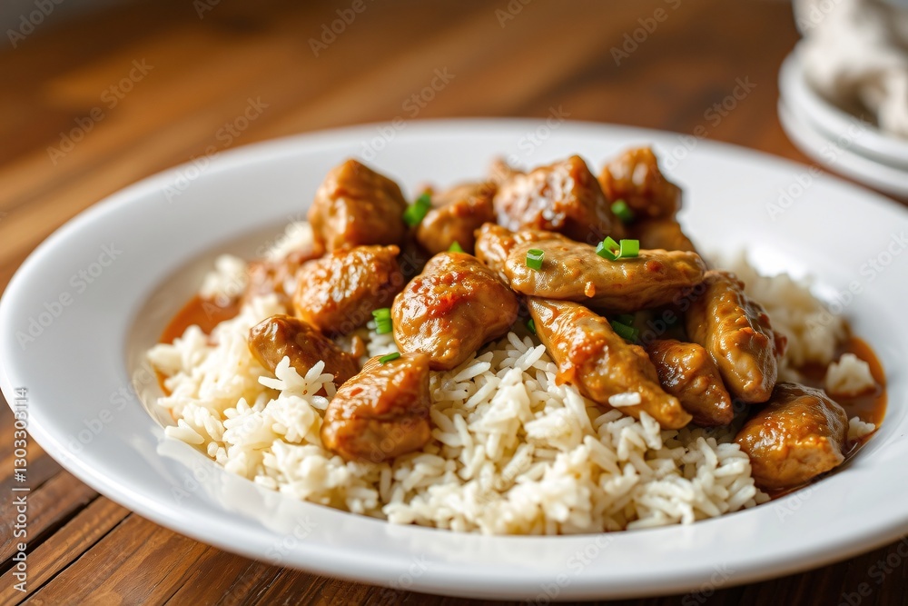 delicious plate of seasoned chicken with rice on wooden table delicious plate of seasoned chicken with rice on wooden table