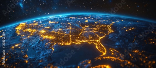 High-angle view of earth with north america highlighted by city lights at night, visible from space, showing detailed city lights patterns