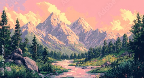 Pixel art mountain landscape at sunset. Scenic river valley. Possible use Background for game, app, or website