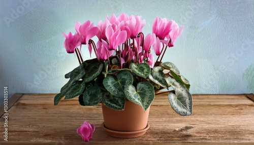 pink cyclamen in pot on wooden table against the wall many leaves and flowers