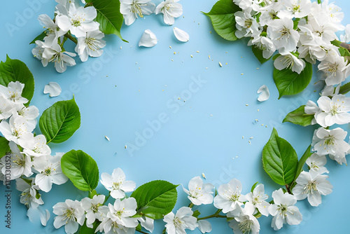 Spring flowers frame, Top-Down View Of Cherry Blossoms Framing A Blue Background