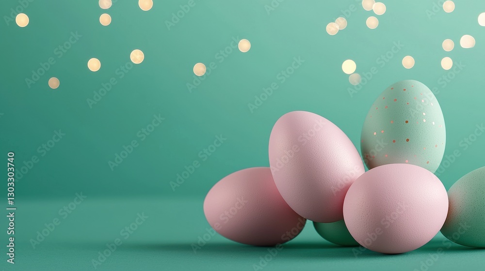 Pastel Easter Eggs on Teal Background with Gold Bokeh Pastel Easter Eggs on Teal Background with Gold Bokeh