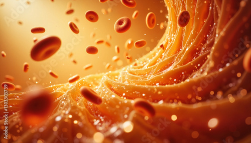 Swirling golden platelets in dynamic plasma vortex, surreal medical concept