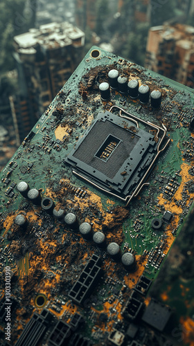 Closeup of broken computer hardware showing damaged motherboard and components Symbolizing repair maintenance technology issues digital decay obsolescence and the need for troubleshooting and upgrade