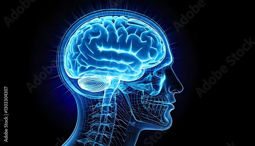 A glowing blue illustration of a human brain in profile, showcasing neural connections against a dark background.
