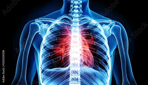 A detailed X-ray image illustrating the human respiratory system, showcasing the lungs and heart in a vibrant, glowing blue and red.