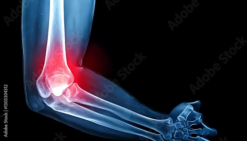 An X-ray image showing an elbow joint with highlighted inflammation, indicating potential injury or medical condition.